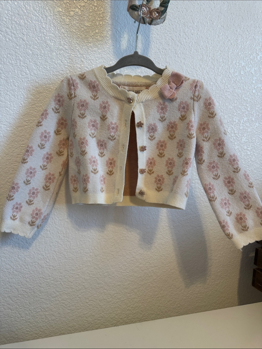 Girls Cream and Pink Floral Knit Cardigan